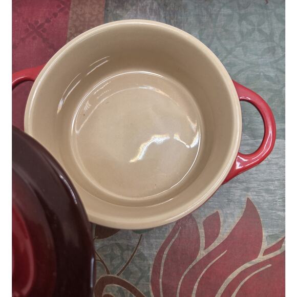 Le Creuset Mini Petite Round Cocottee Cerise Stoneware Red Pot With Lid Perfect - Picture 3 of 7